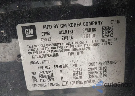 2015 Chevrolet Trax 1Ls from USA, damaged, VIN KL7CJKSB6FB247070